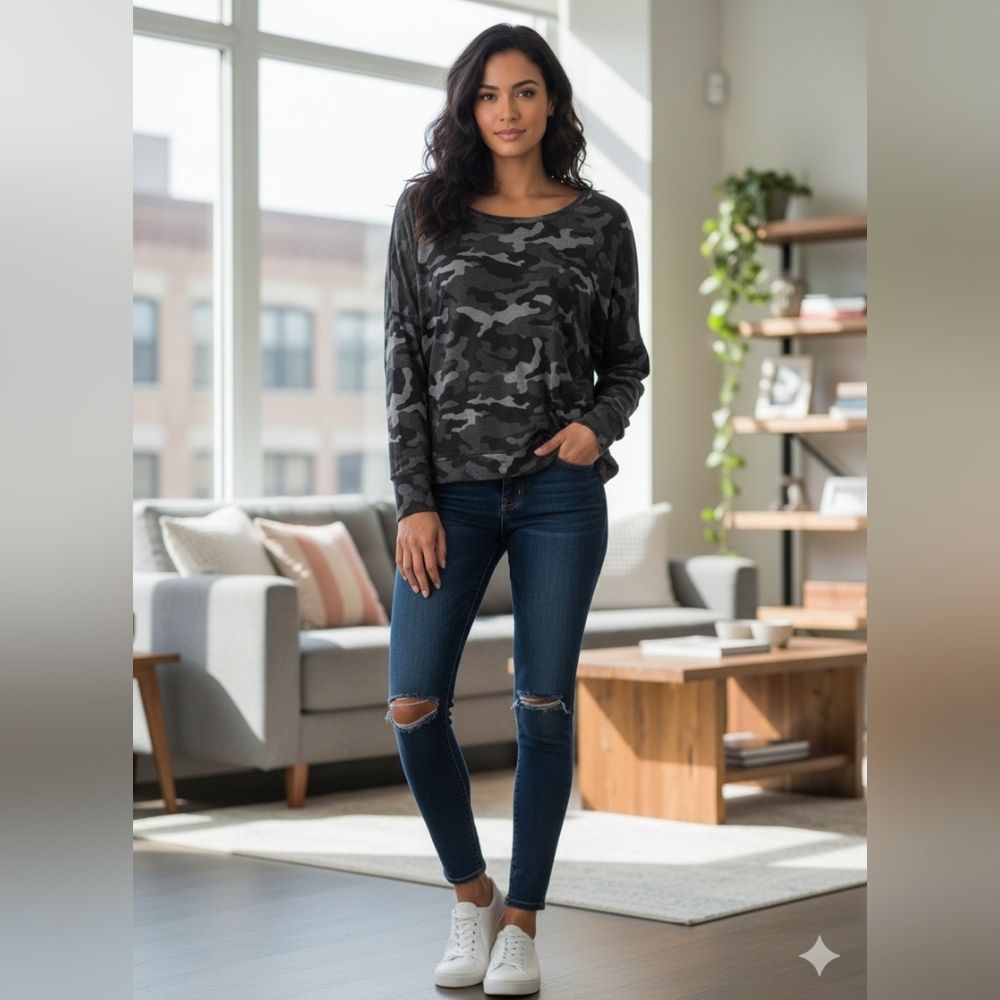 Express Camo Long Sleeve Dolman Top Sweatshirt Gray Black Size L
